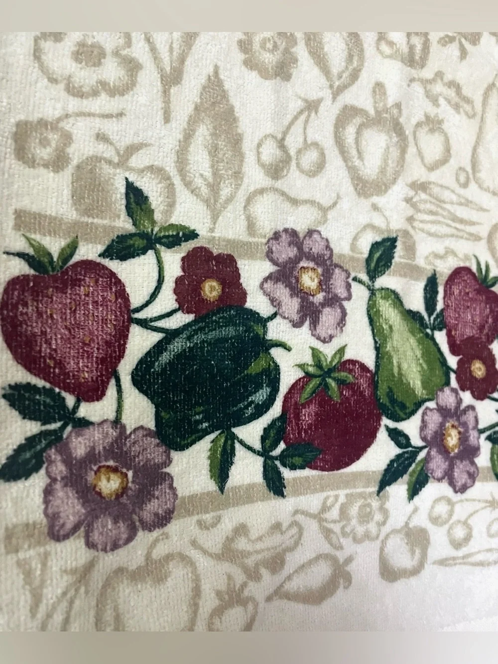 Kitchen Towel Set 2x Crochet Top & Standard ~ Floral Fruits Vegetables NEW NWOT